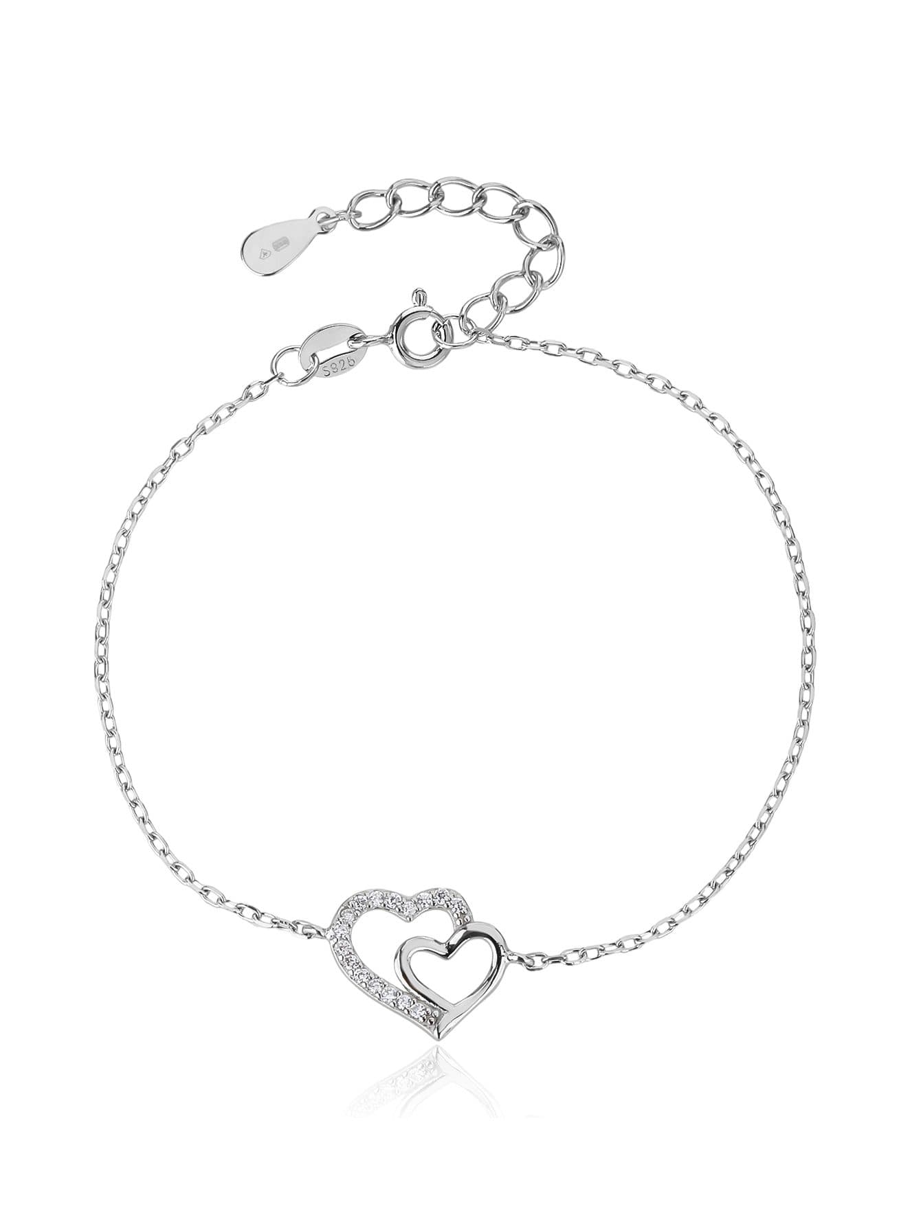 Doble corazón colgante pulsera con piedras de circonita, plata AG 925 con baño de rodio (15 + 3.5 cm) 1