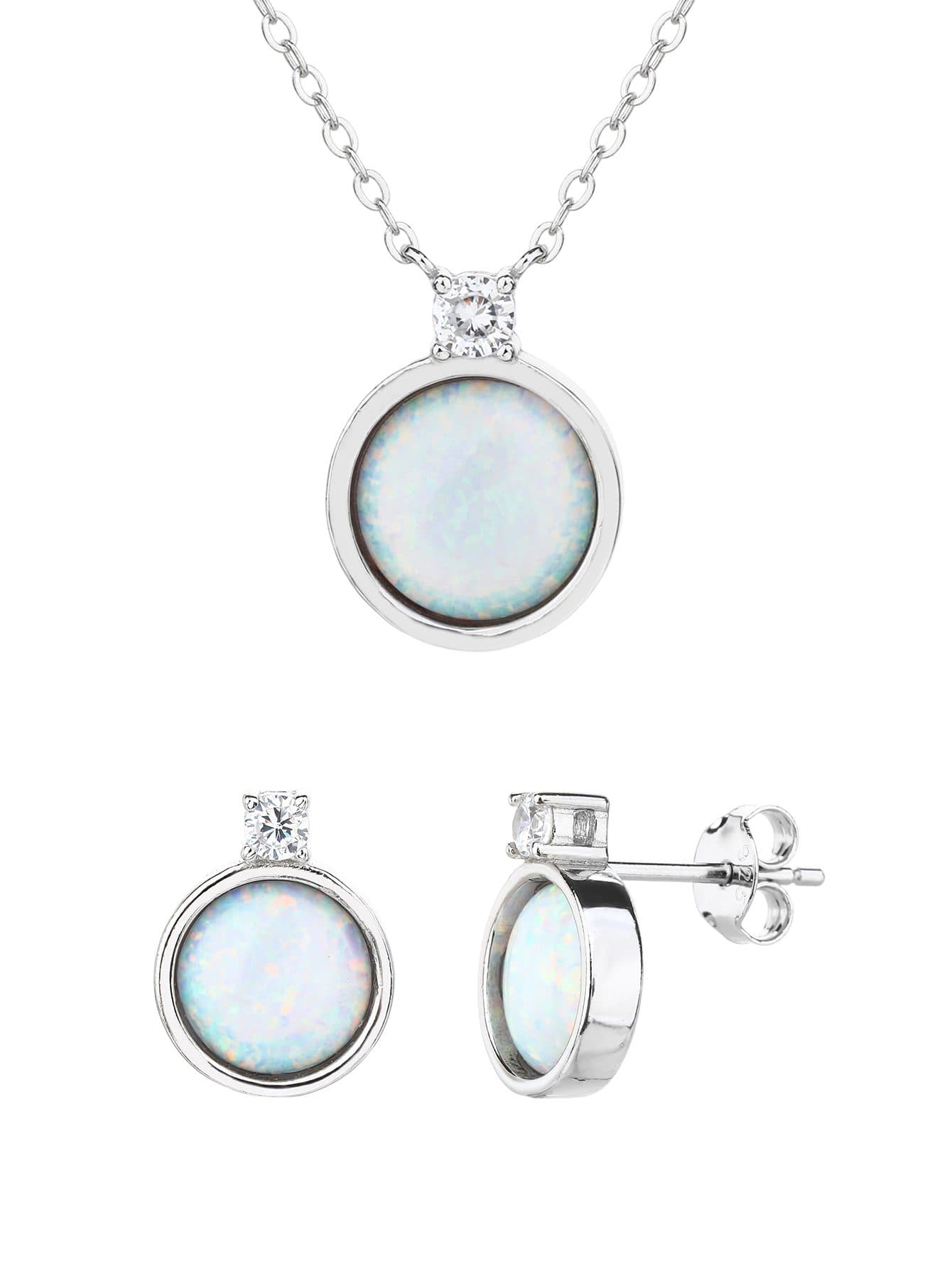 Azul claro ópalo conjunto de joyería con cadena y pendientes de botón, plata AG 925 con baño de rodio 1