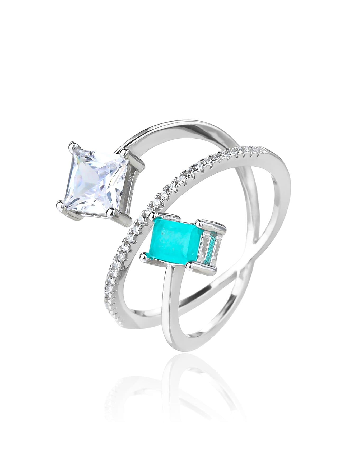 De diseño anillo de plata con turquesa y piedras blancas 1