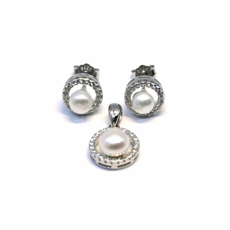 Blanco cercado perla pendientes de plata de botón con perla colgante 1
