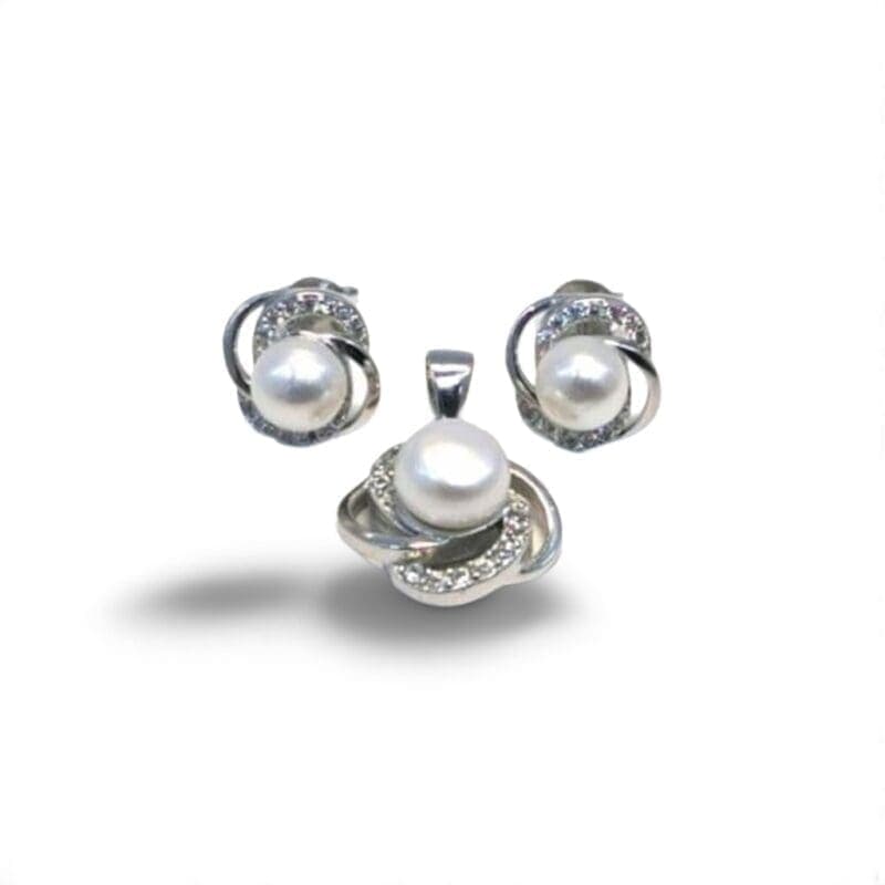 Perla colgante de plata pendientes de botón y con piedra blanca 1