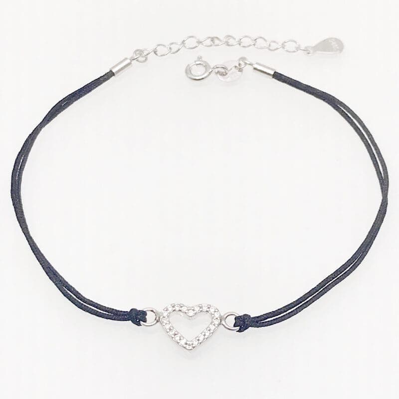 Negro algodón con piedras blancas tobillera de plata corazón 23cm+3cm alargador 1