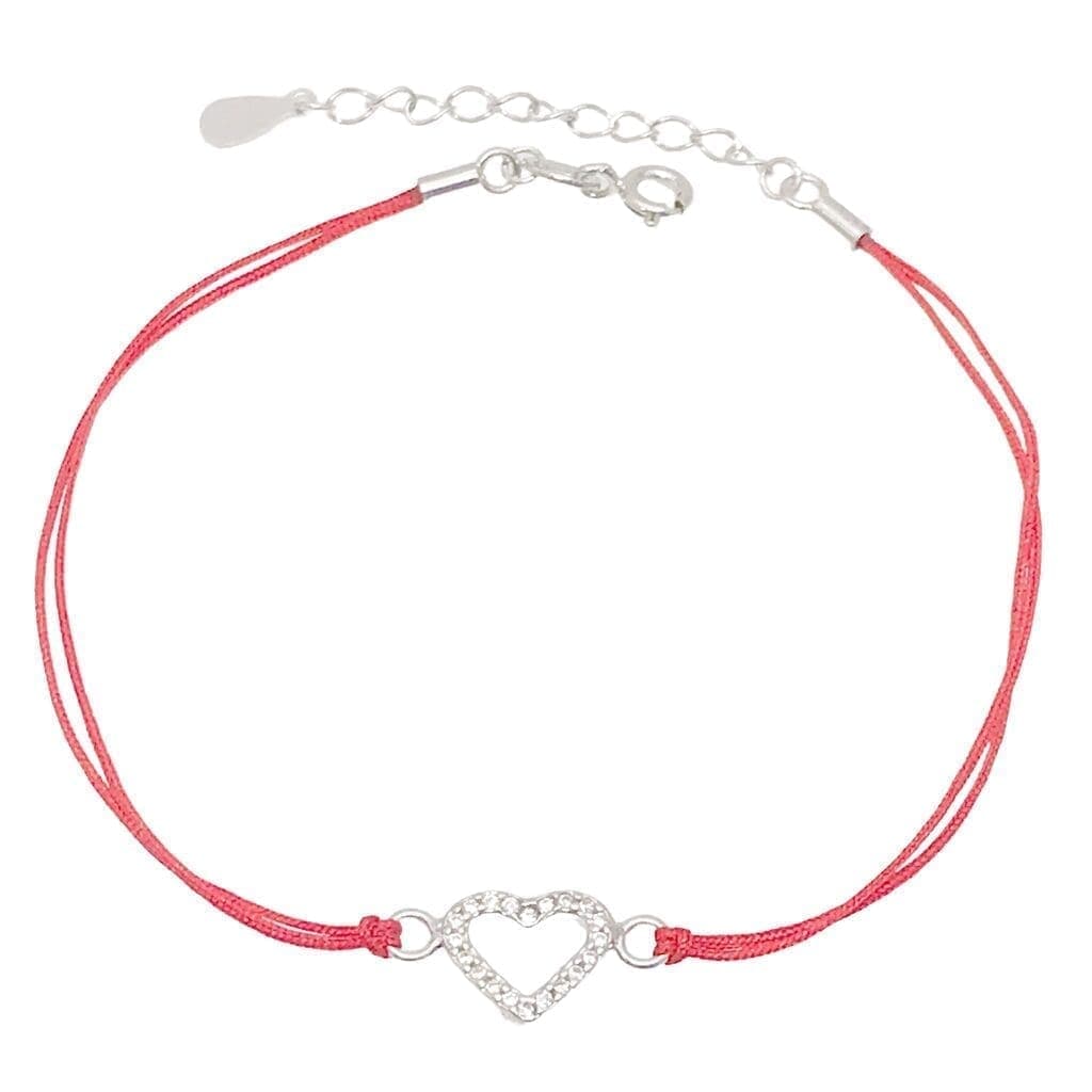 Rojo algodón con piedras blancas tobillera de plata corazón 23cm+3cm alargador 1