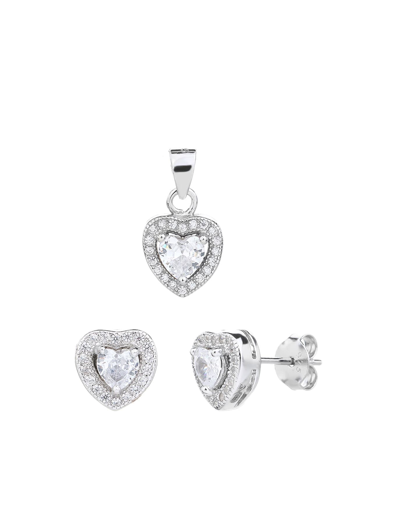 Plata blanco en forma de corazón circonita pendientes de botón y colgante conjunto 1