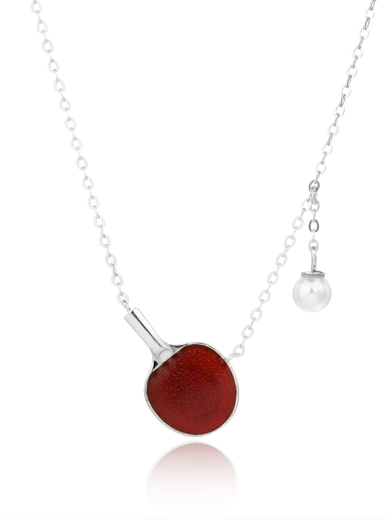 Plata pala de ping-pong y bola collar con colgante con burdeos esmalte y perla 1