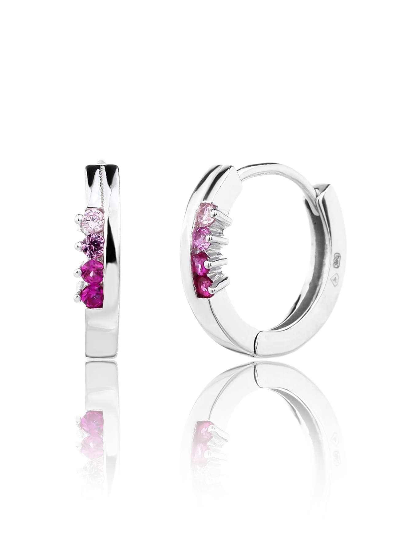Plata rosa - rojo y piedra rosa de circonita cúbica pendientes de aro 1