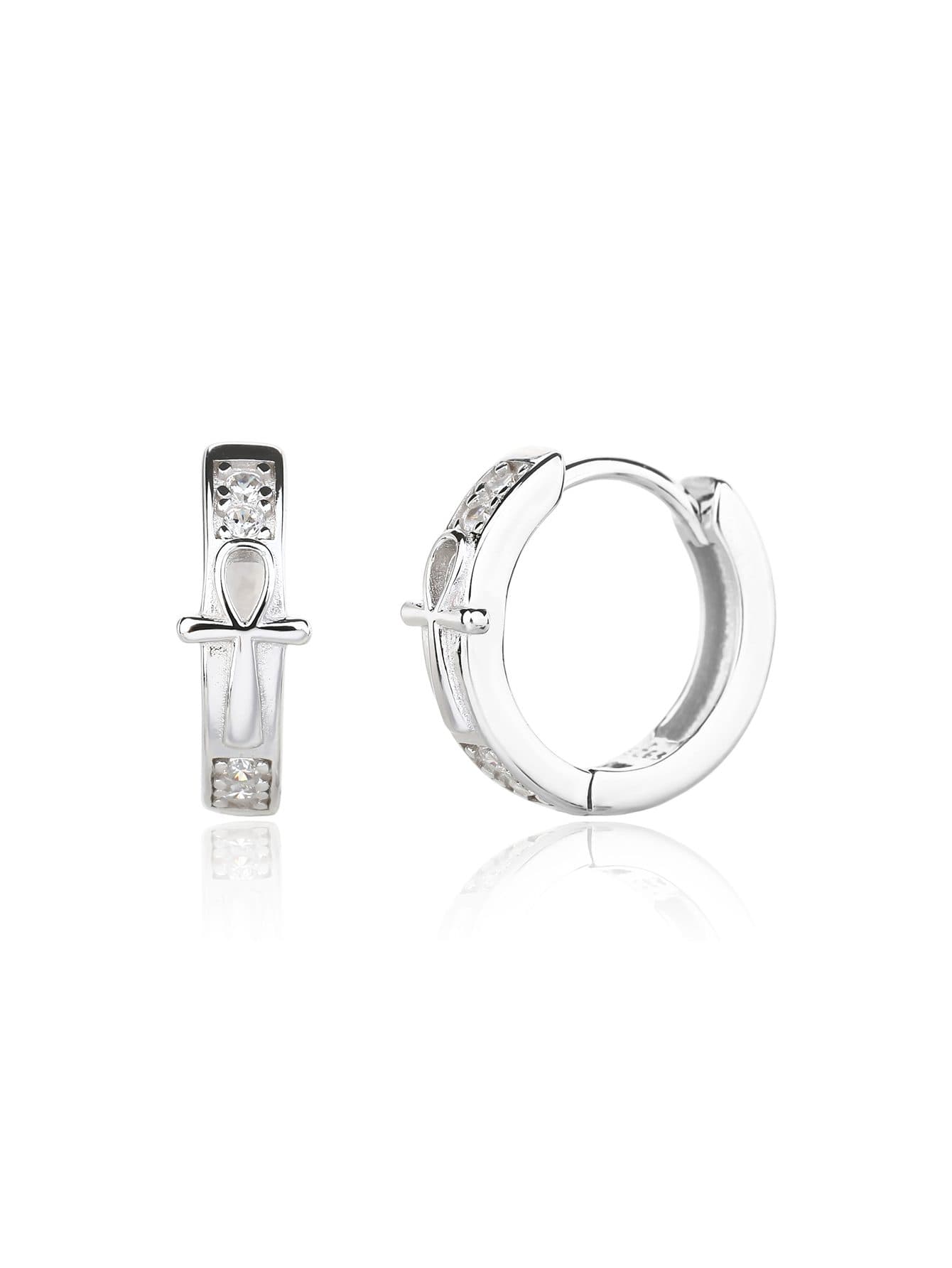 Ankh cruz pendientes de aro con piedras de circonita, plata AG 925 con baño de rodio (1.4 × 0.5 cm) 1