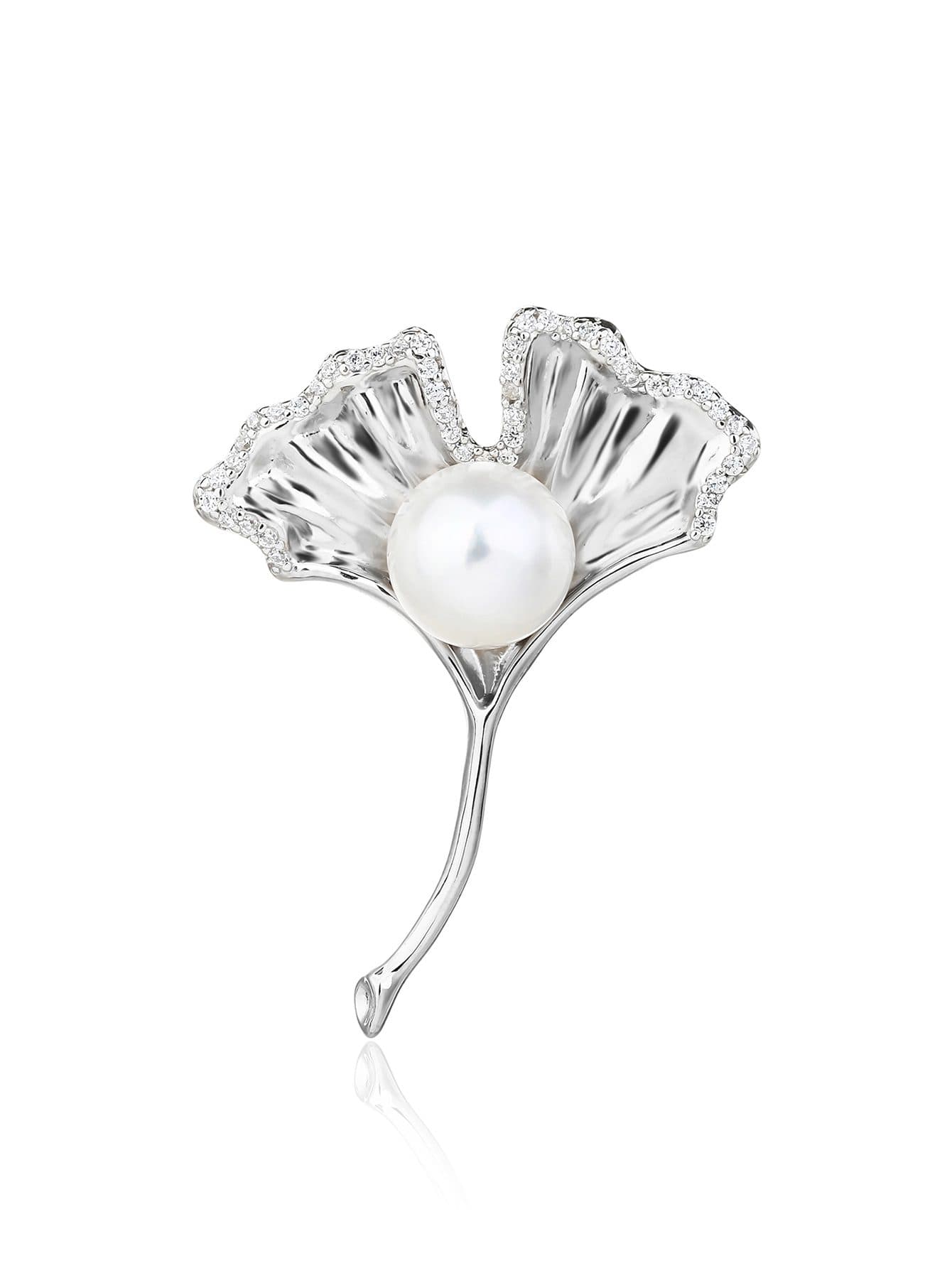 Ginkgo biloba broche con perla cultivada de agua dulce y piedras blancas, AG plata AG 925 con baño de rodio (3.4 × 2.5 cm) 1