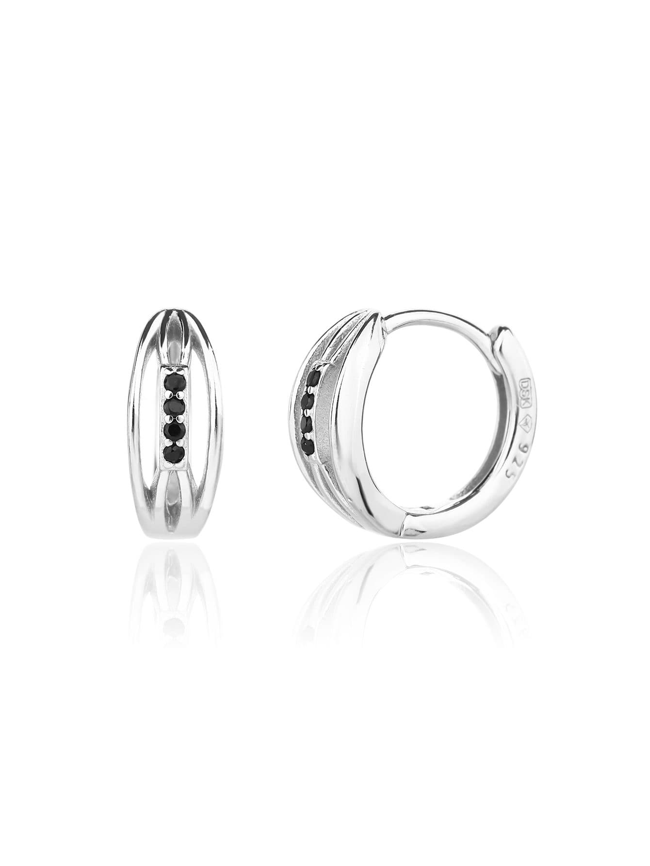 Piedra negra pendientes de aro con fila de piedras, plata AG 925 con baño de rodio (1.3 × 0.5 cm) 1