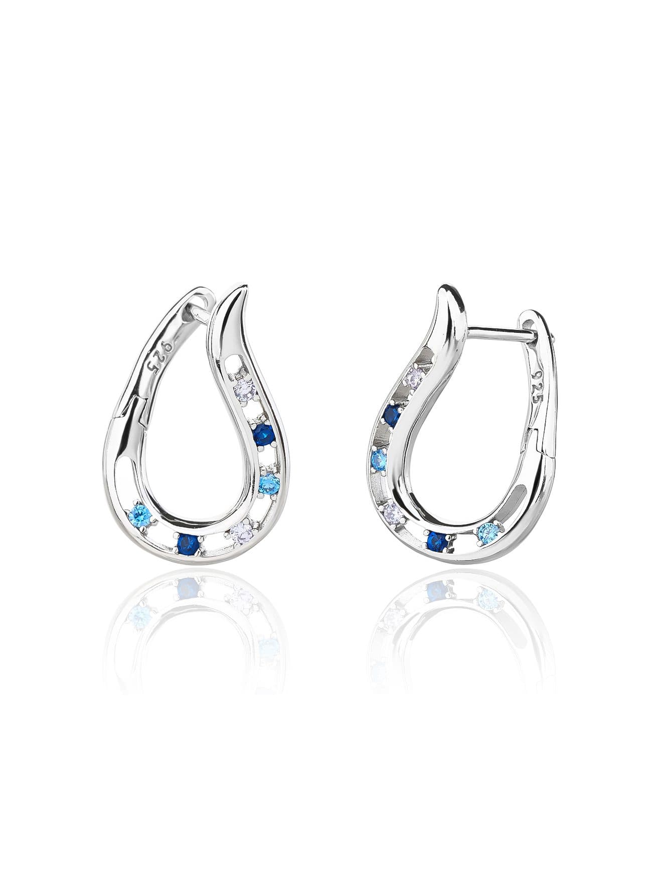 Ondulado azul y piedra blanca pendientes de plata con baño de rodio 1