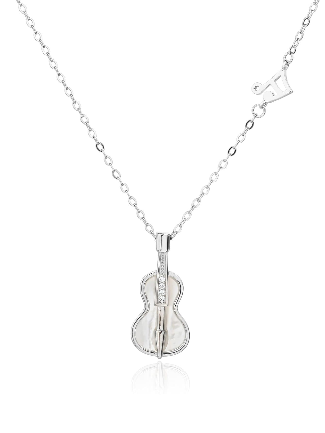 Collar con en forma de violín colgante con nácar incrustación y nota musical diseño adornado con blanco piedras de circonita cúbica, de plata AG 925 con baño de rodio (44+4 cm) 1