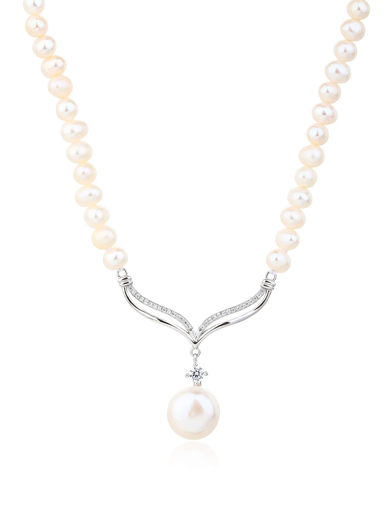 Collar de perlas de agua dulce con colgante, con piedras de circonita cúbica, plata AG 925 con baño de rodio (44+2.5 cm) 1