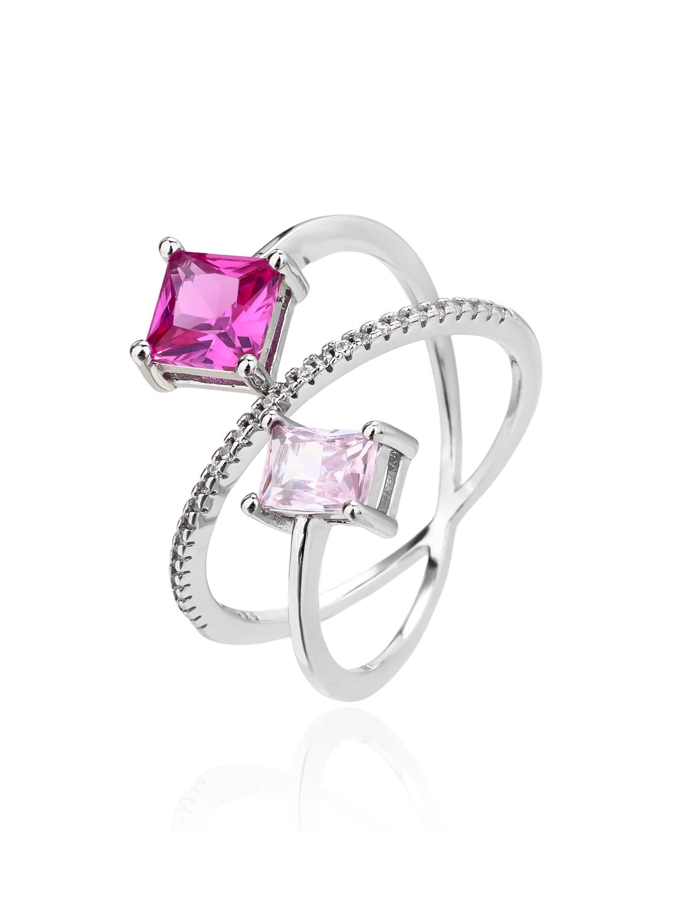 De diseño de dos piezas rosa circonita abierto anillo de plata 1