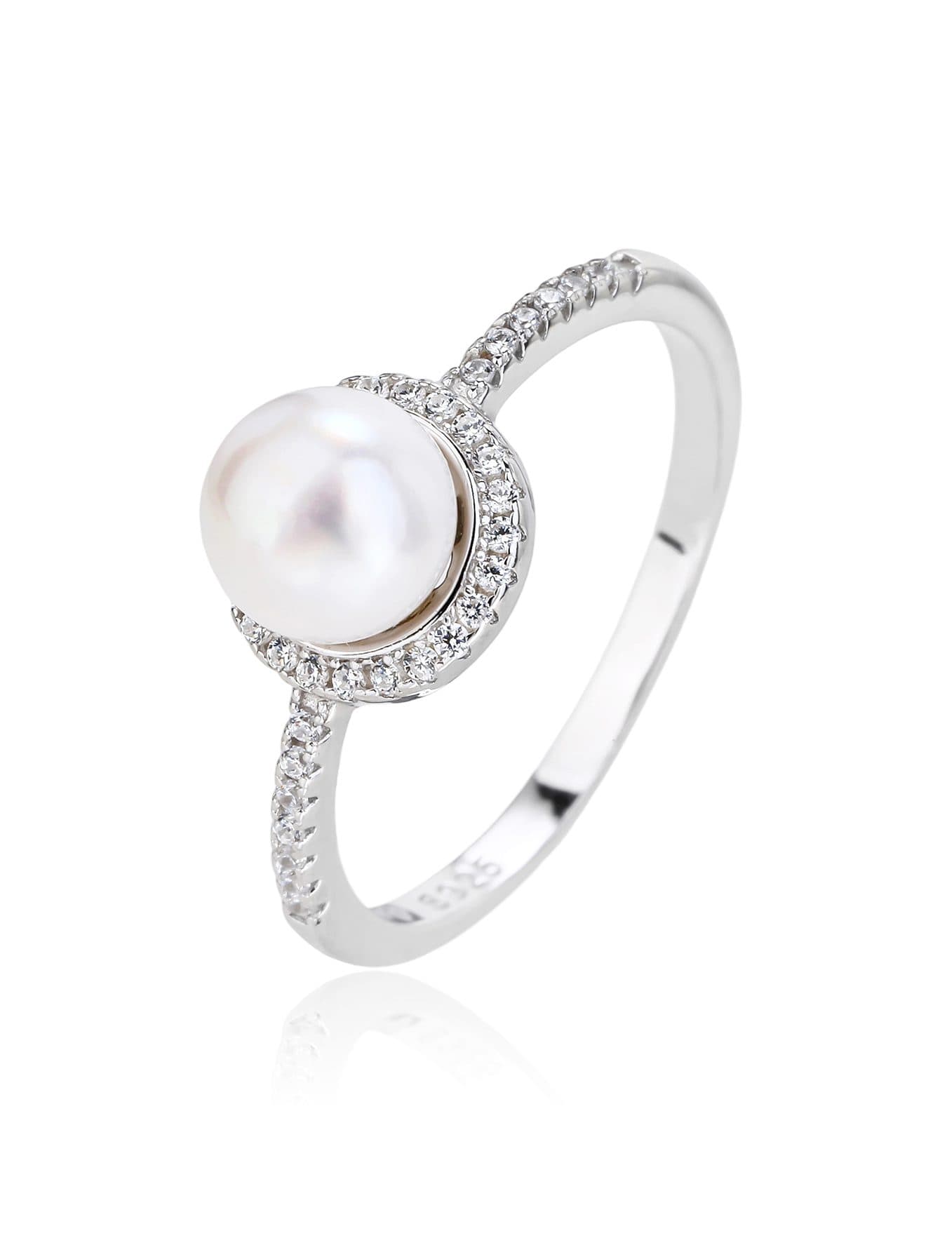 Elegante anillo de plata con perla blanca y circonita cúbica 1