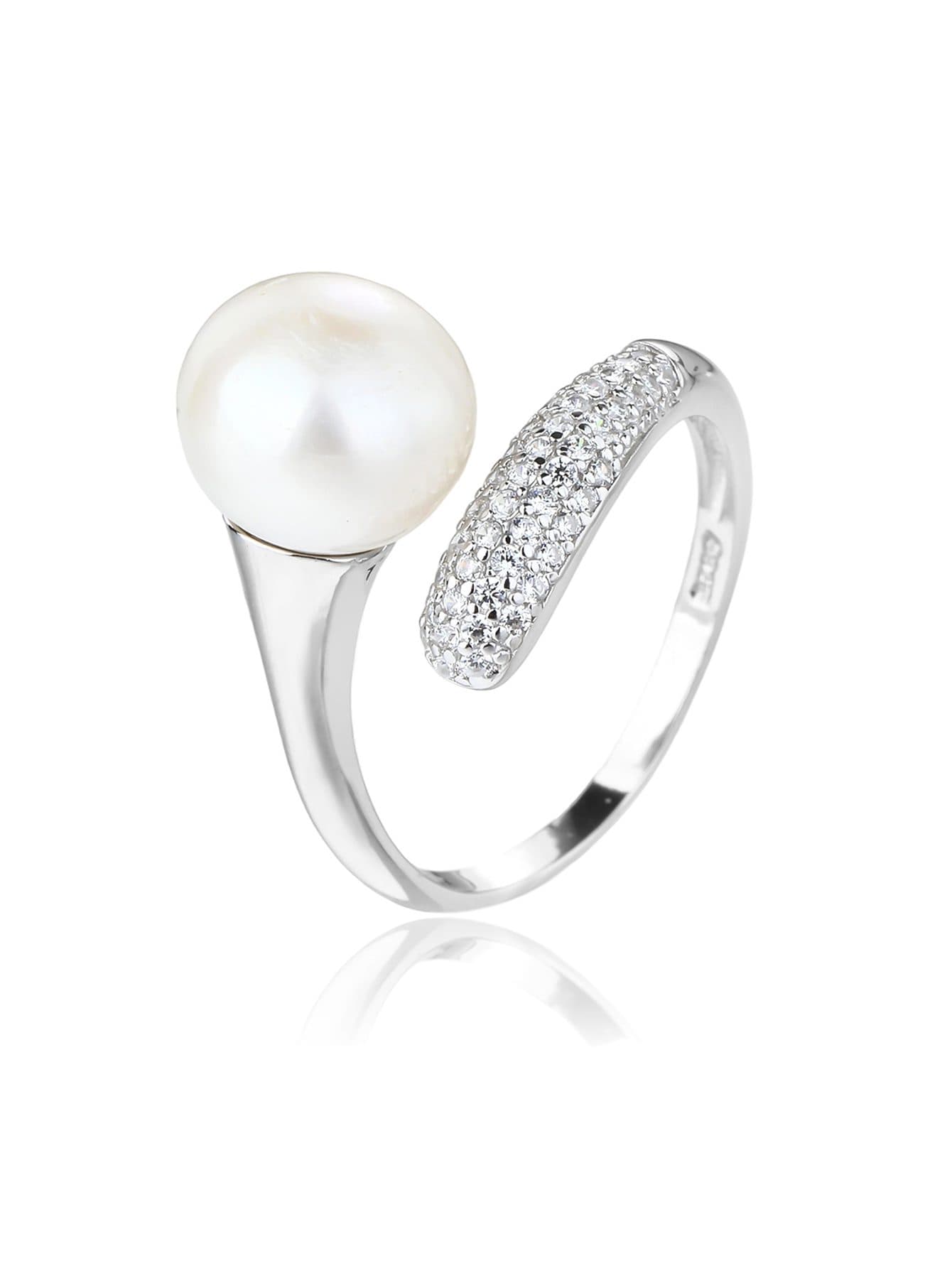 Perla blanca cultivada de agua dulce anillo de plata de diseño con circonita 1