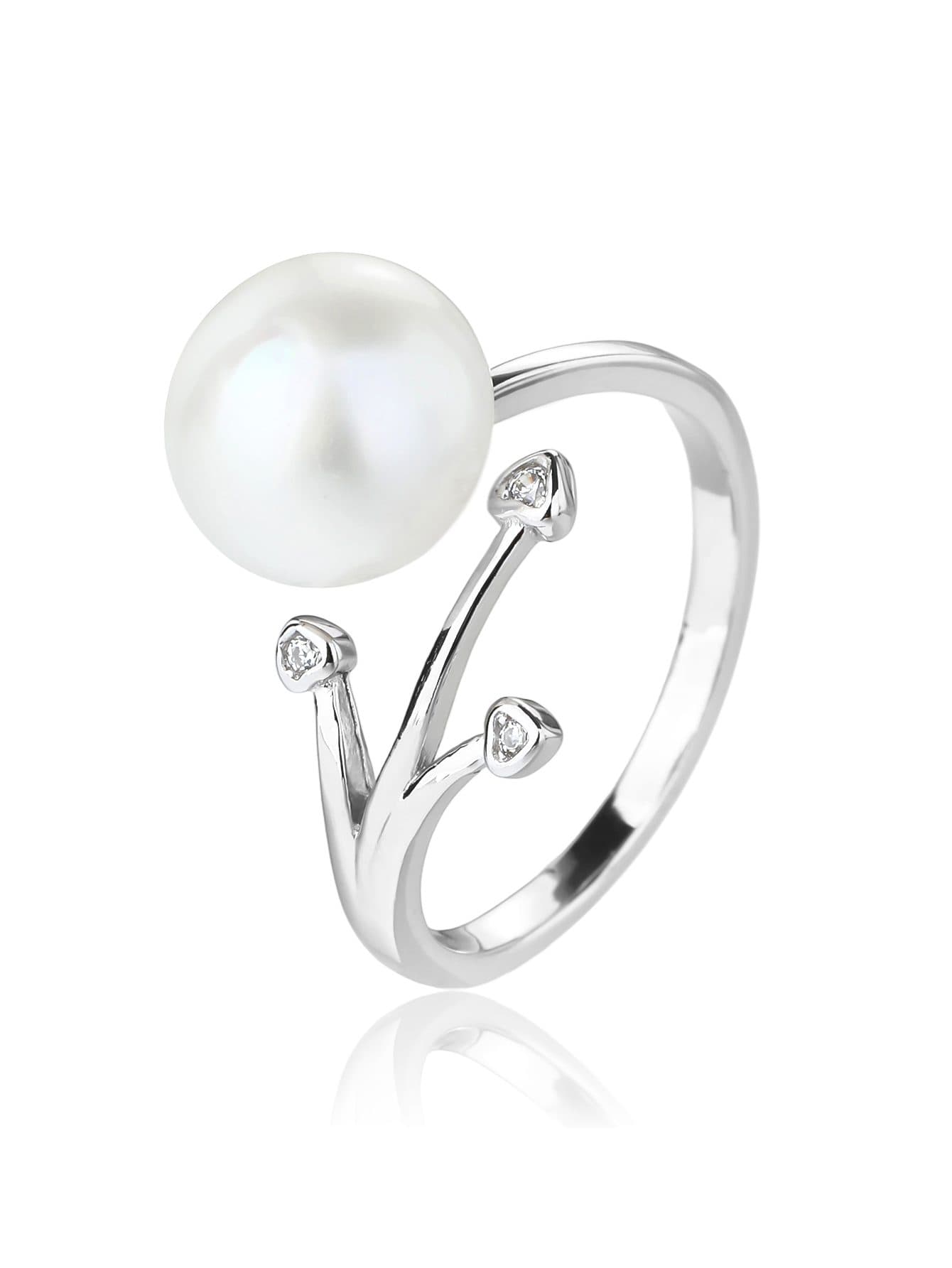 Perla blanca cultivada de agua dulce y circonita motivo de ramas anillo de plata AG 925 con baño de rodio 1