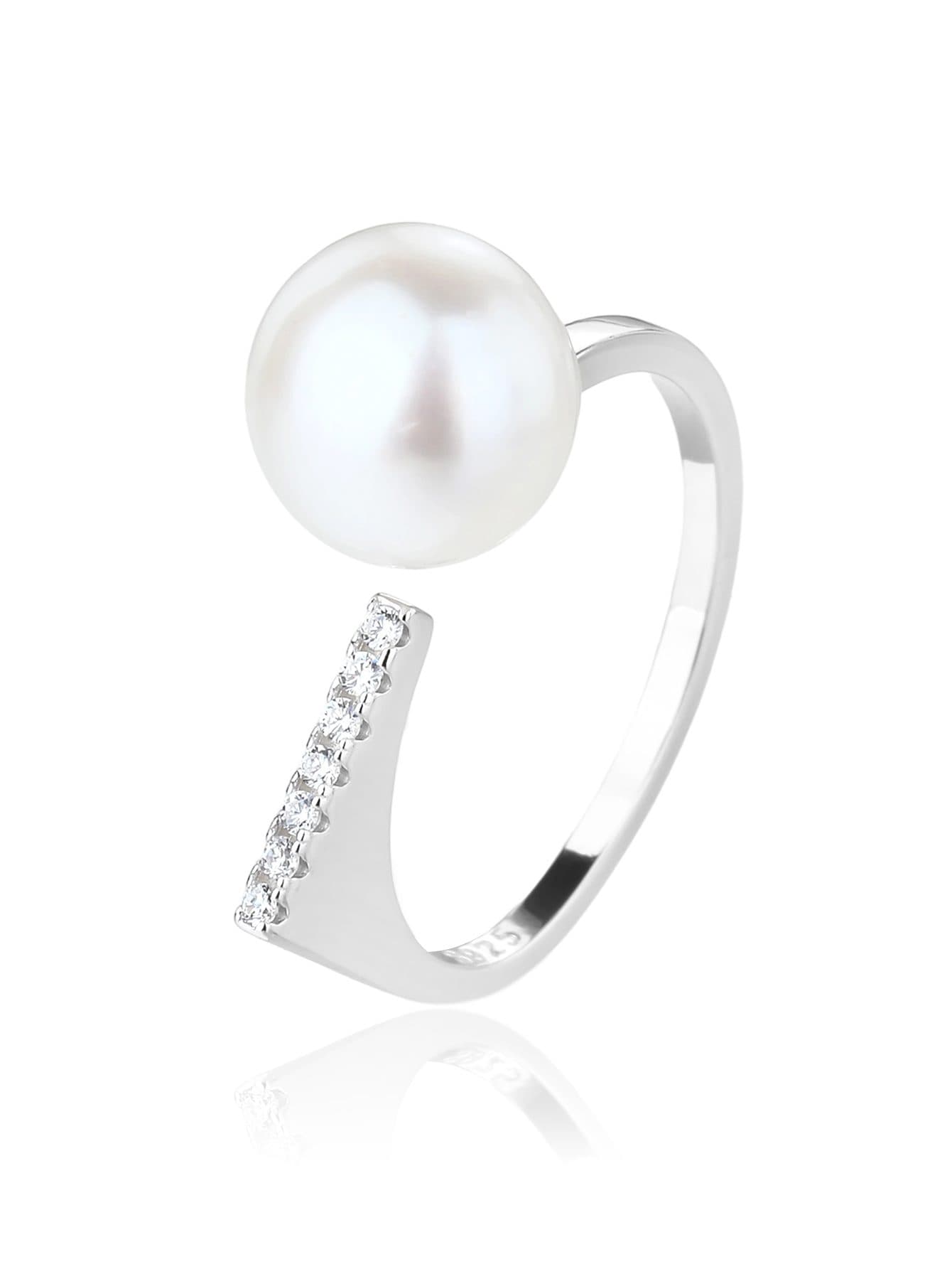 Abierto anillo de perla blanca cultivada de agua dulce y circonita cúbica, de plata AG 925 con baño de rodio 1