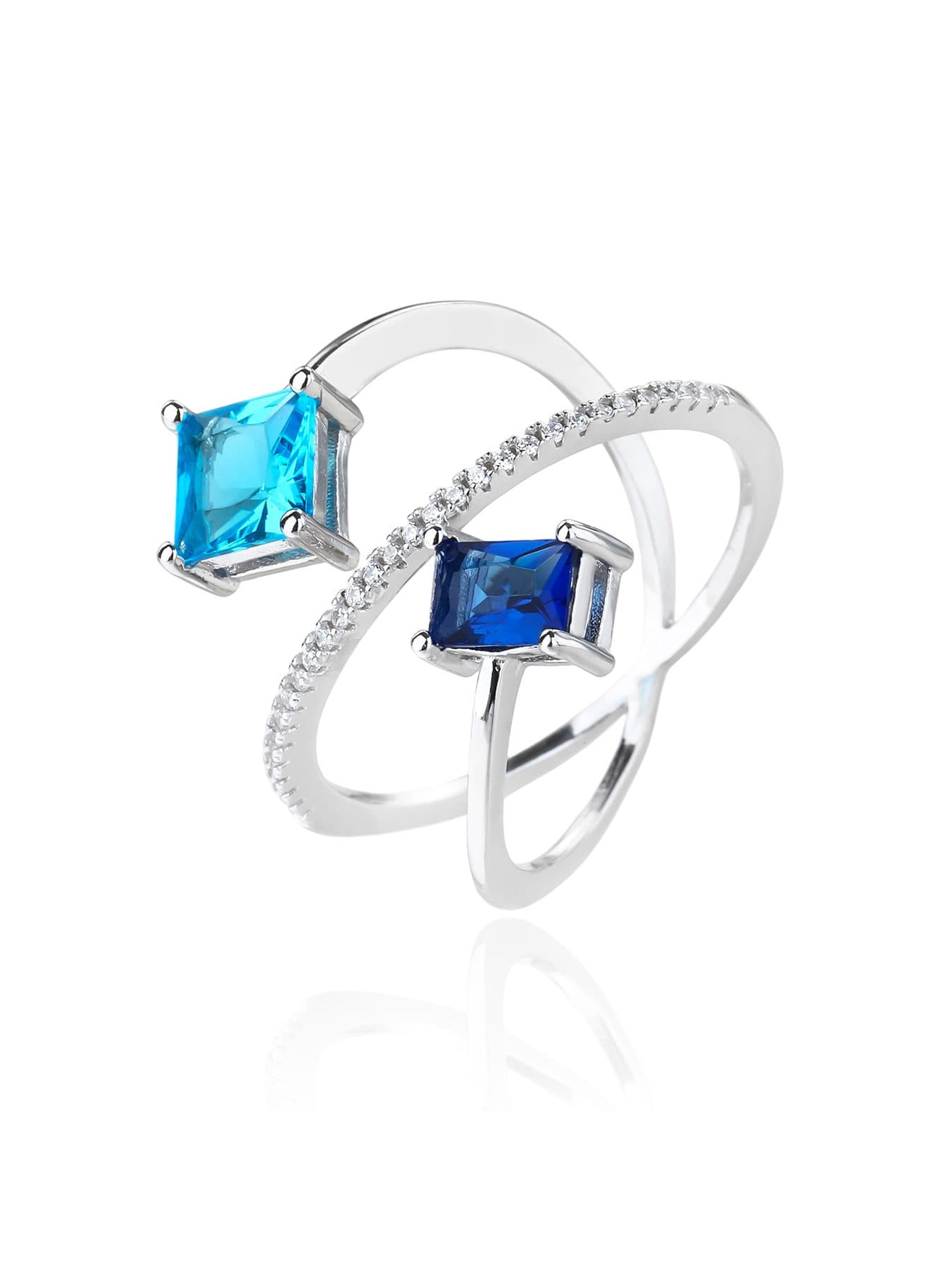 Impresionante azul y azul claro circonita de diseño anillo de plata 1