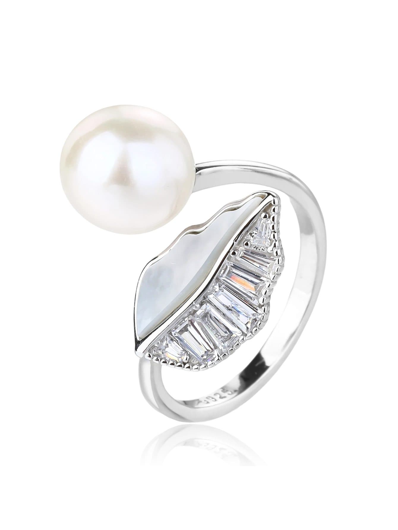Perla cultivada de agua dulce, talla baguette piedra, y nácar incrustación anillo de plata 1