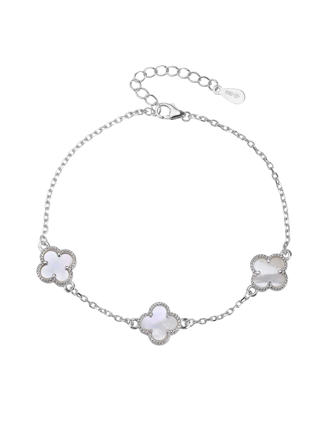 Pulsera de plata con nácar incrustaciones con trébol de cuatro hojas motivo y tres tréboles, con baño de rodio 1