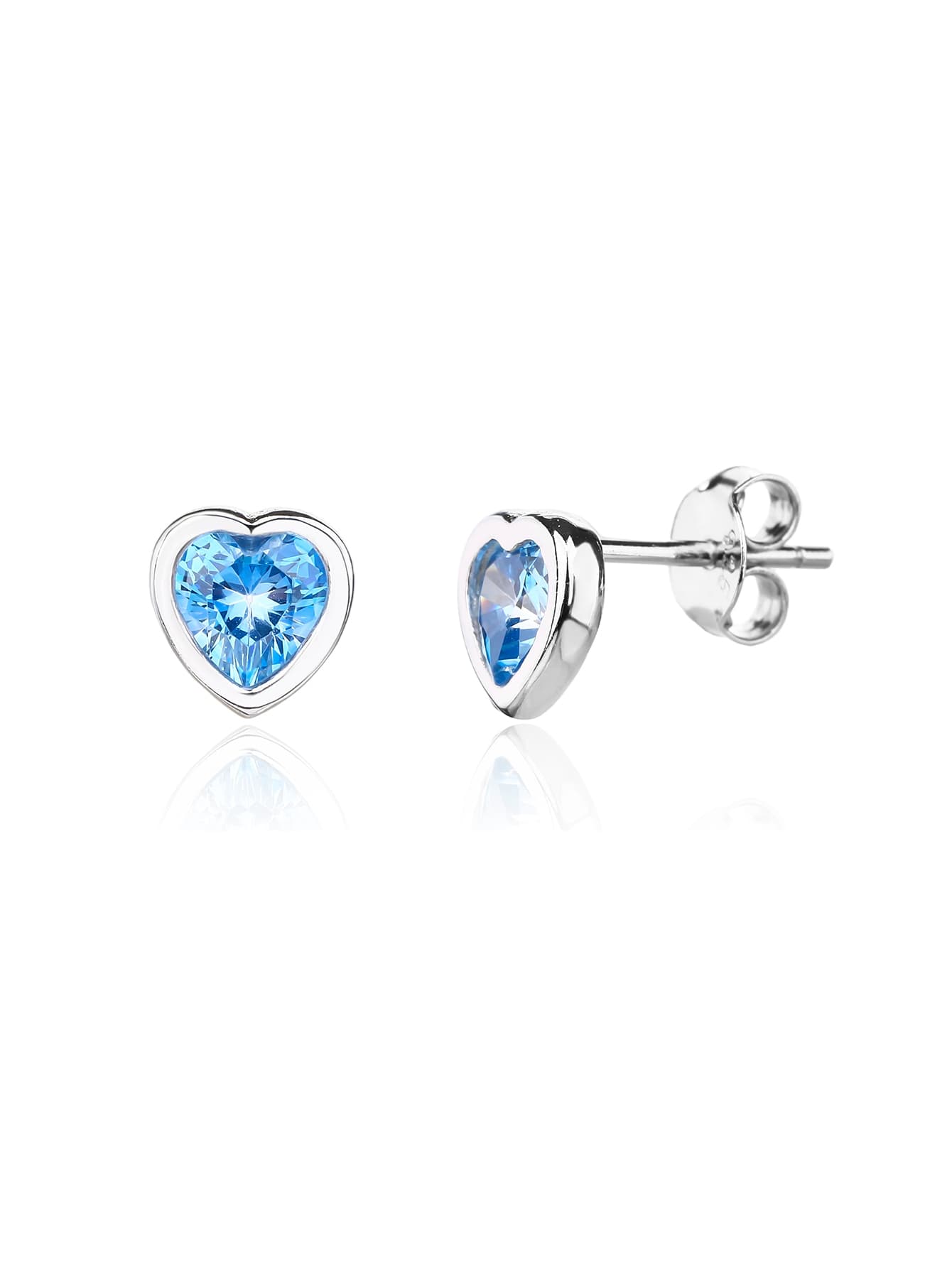Pendientes de plata en forma de corazón con azul claro piedras de circonita cúbica y cierre de botón, con baño de rodio 1