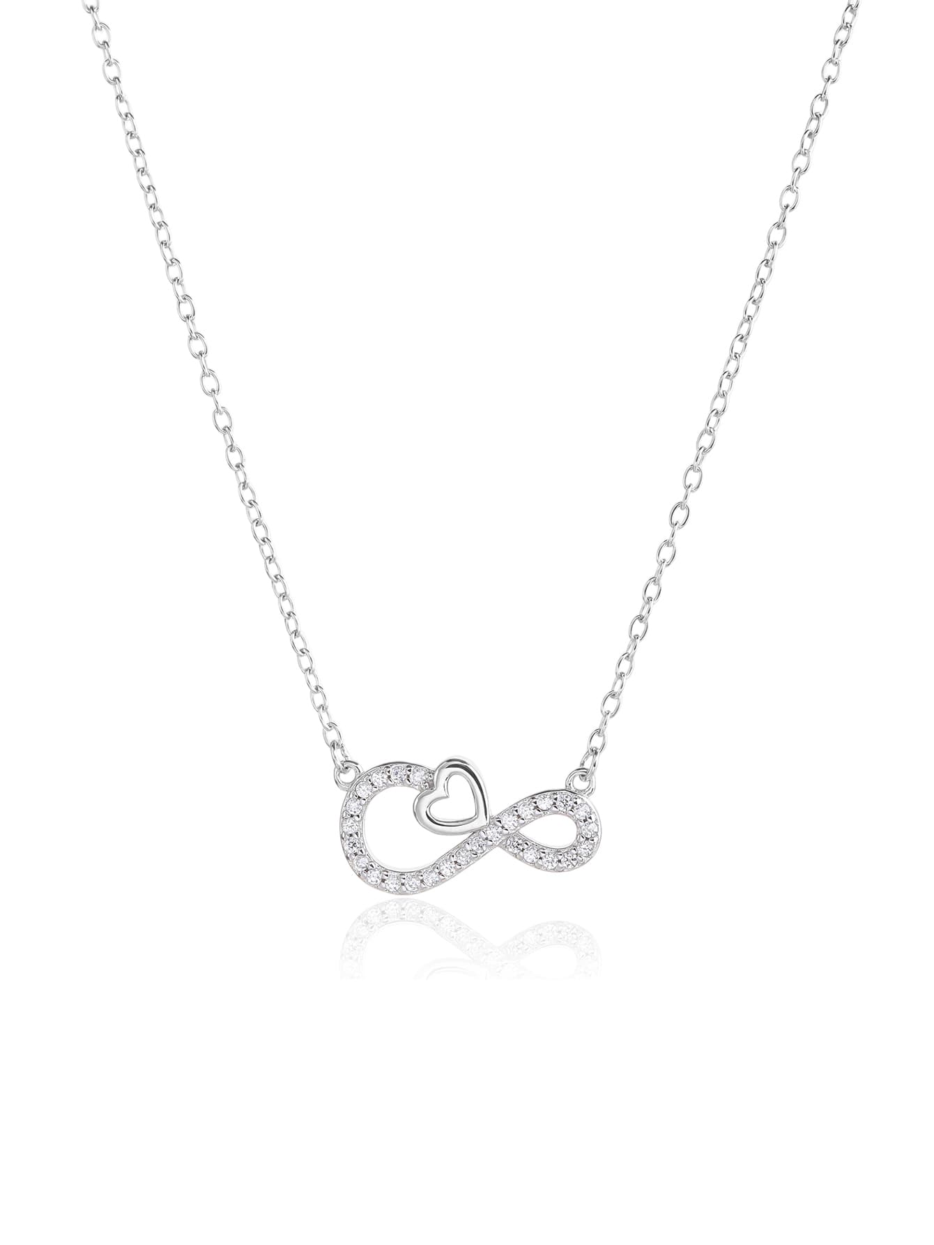 Collar de plata con piedras de circonita en infinito y corazón diseño, con baño de rodio 1