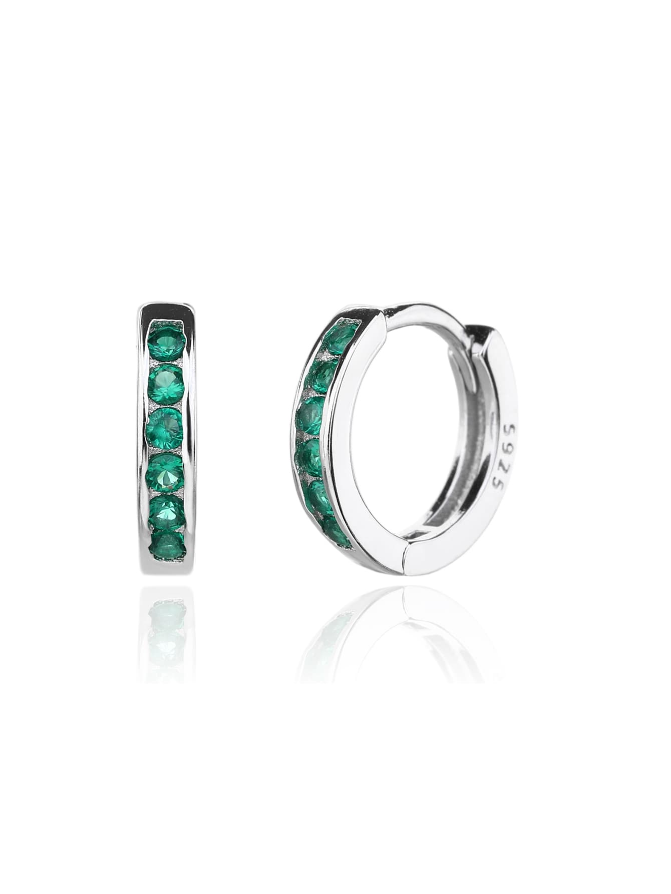 Pendientes de plata de aro con verde circonita, con baño de rodio 1