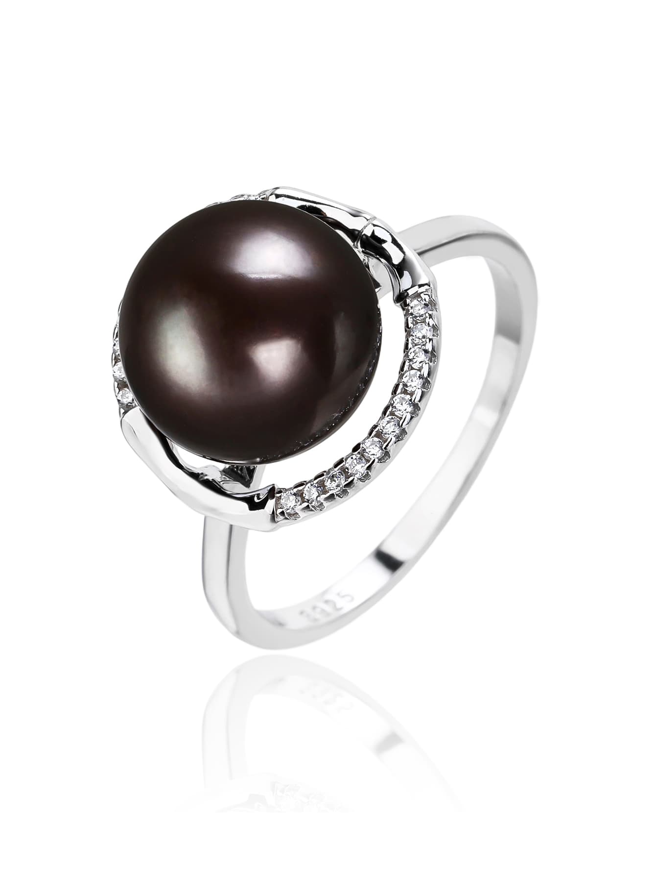 Negro perla cultivada de agua dulce anillo con piedras de circonita, de plata AG 925 con baño de rodio 1