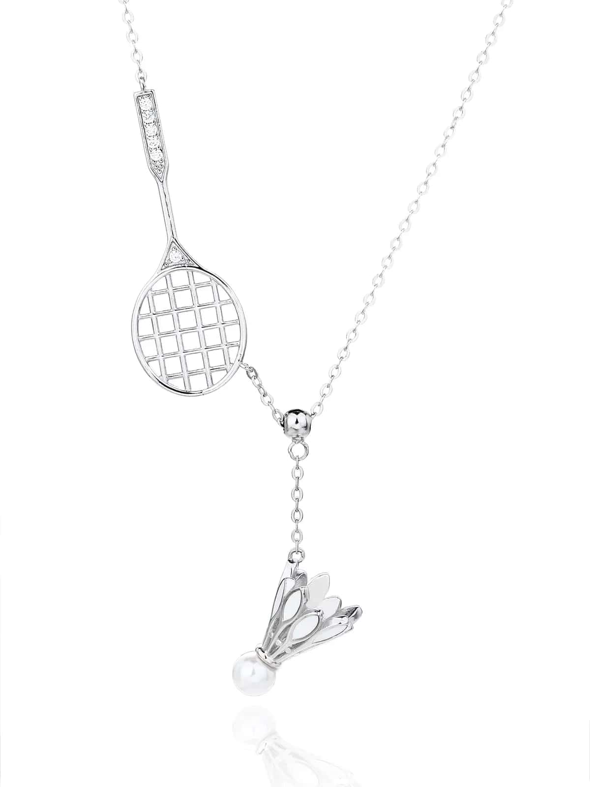 Silver badminton and badminton ball pendant necklace with white cubic zirconia and pearl