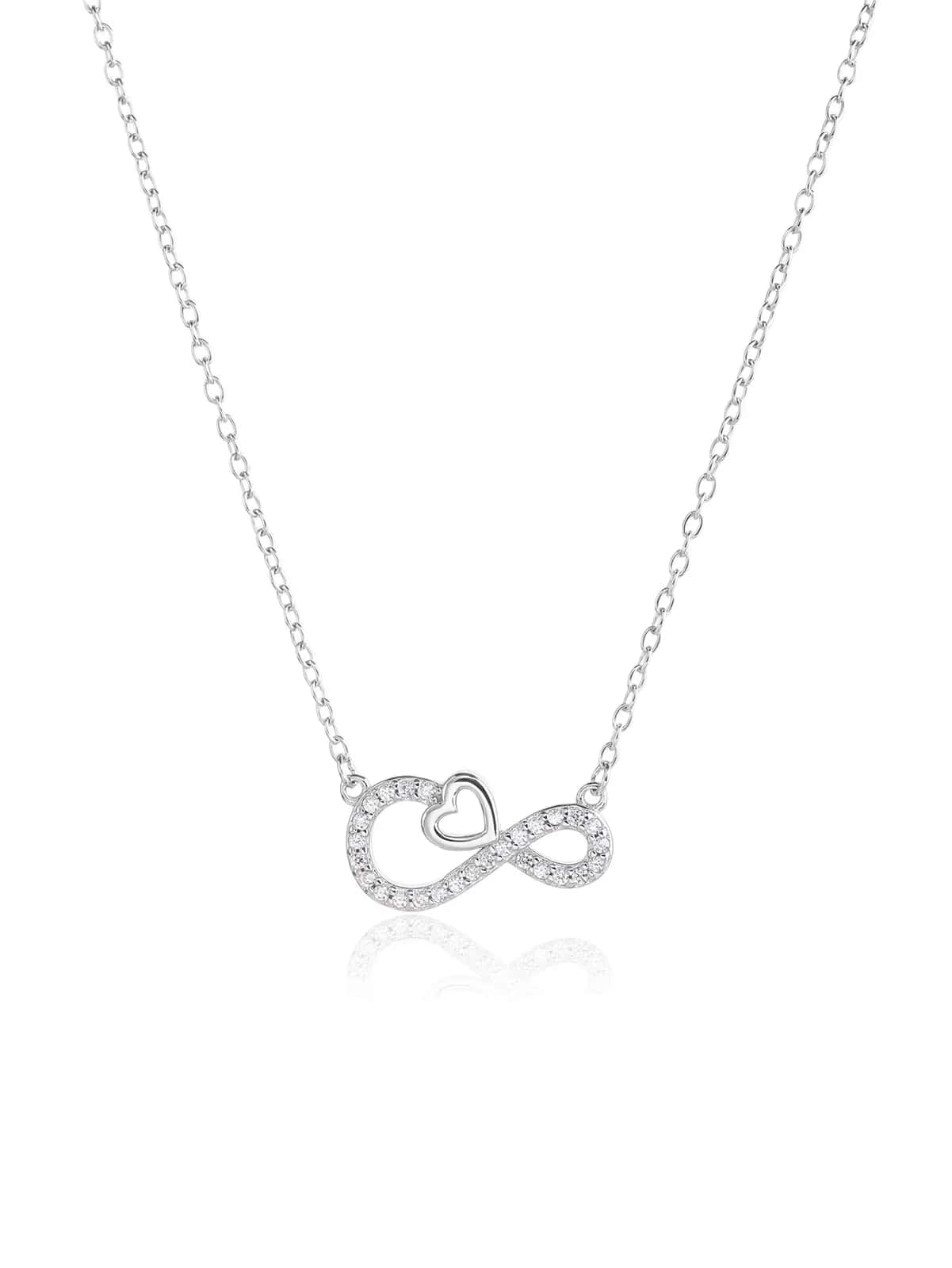 Silver necklace with zirconia stones in an infinity and heart design, rhodium-plated