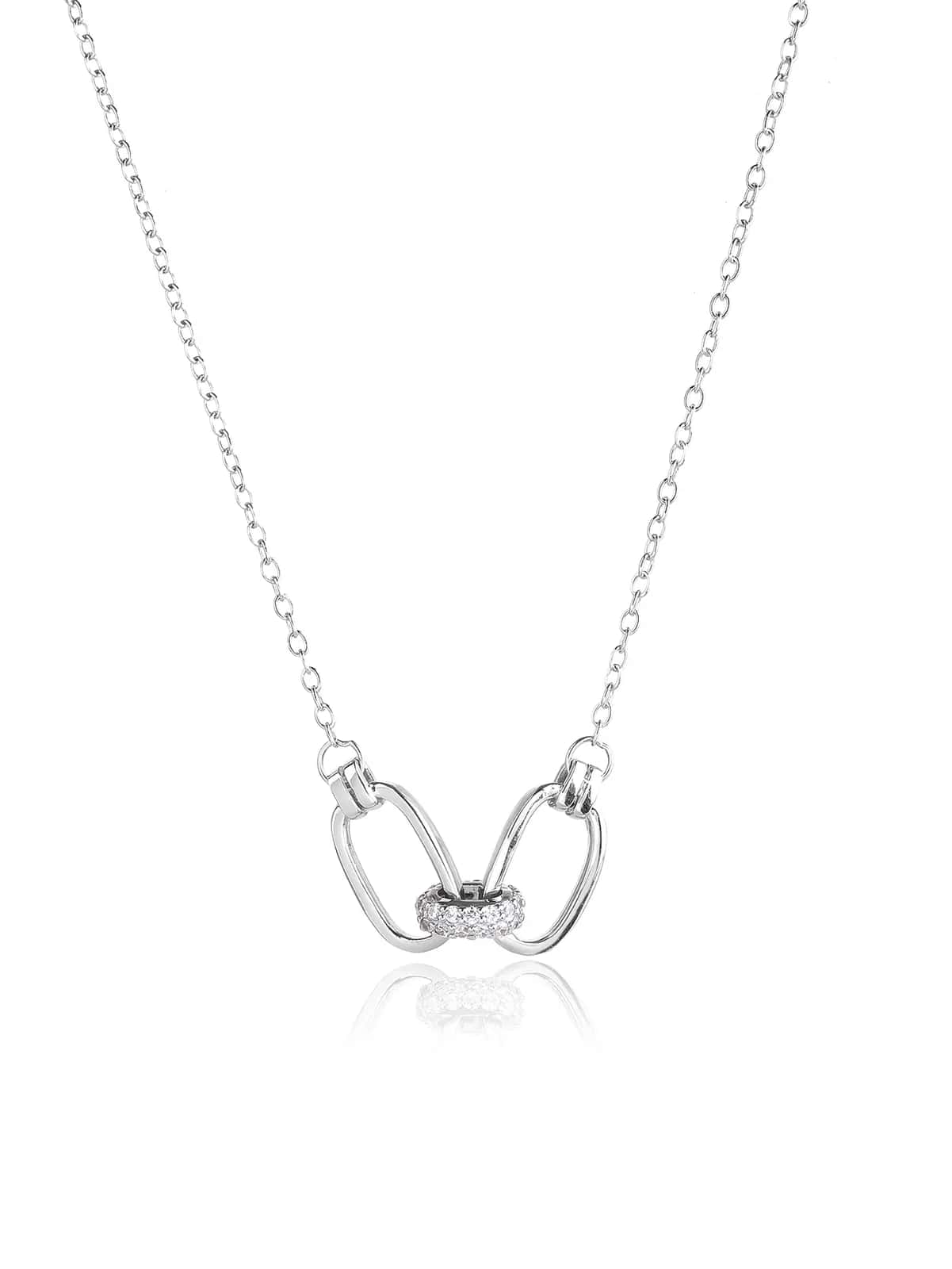 Silver necklace with double rings and cubic zirconia, rhodium-plated