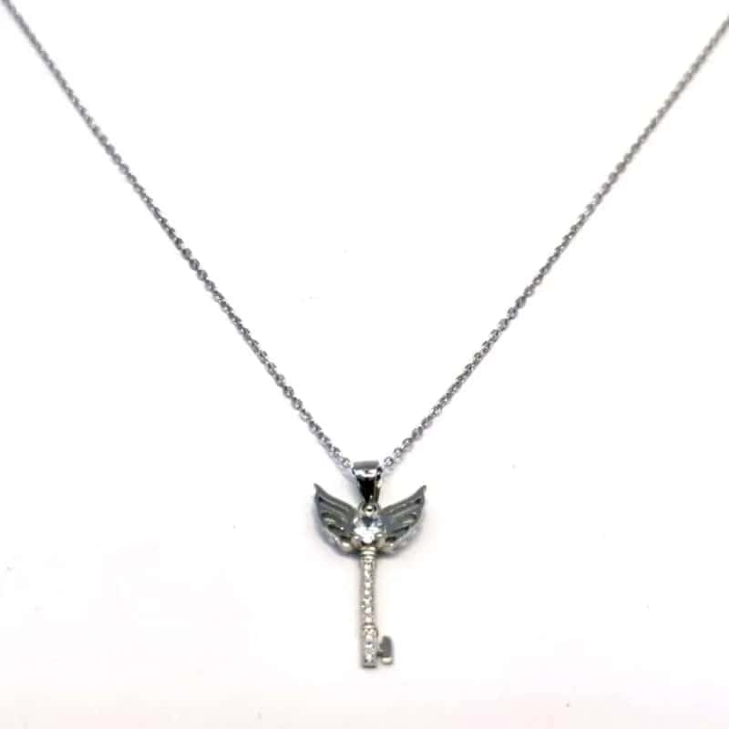 Silver chain with white stone angel wing key pendant