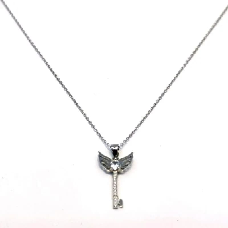 Silver chain with white stone angel wing key pendant 1