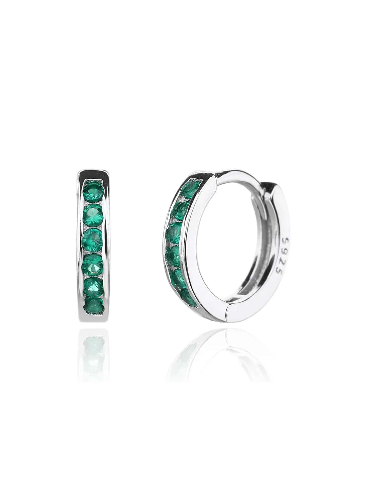 Pendientes de aro de plata con circonitas verdes, con baño de rodio