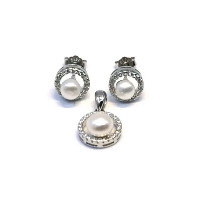 White encircled pearl silver stud earrings with pearl pendant