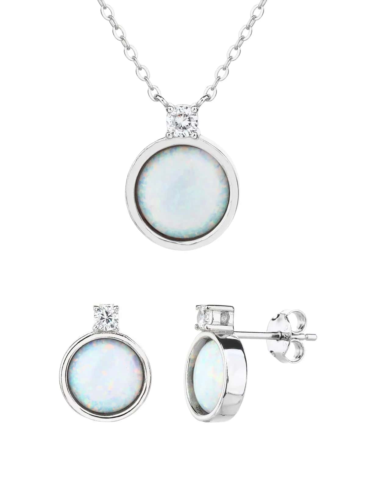 Conjunto de joyas de ópalo azul claro con cadena y pendientes de botón, plata de ley 925 con baño de rodio
