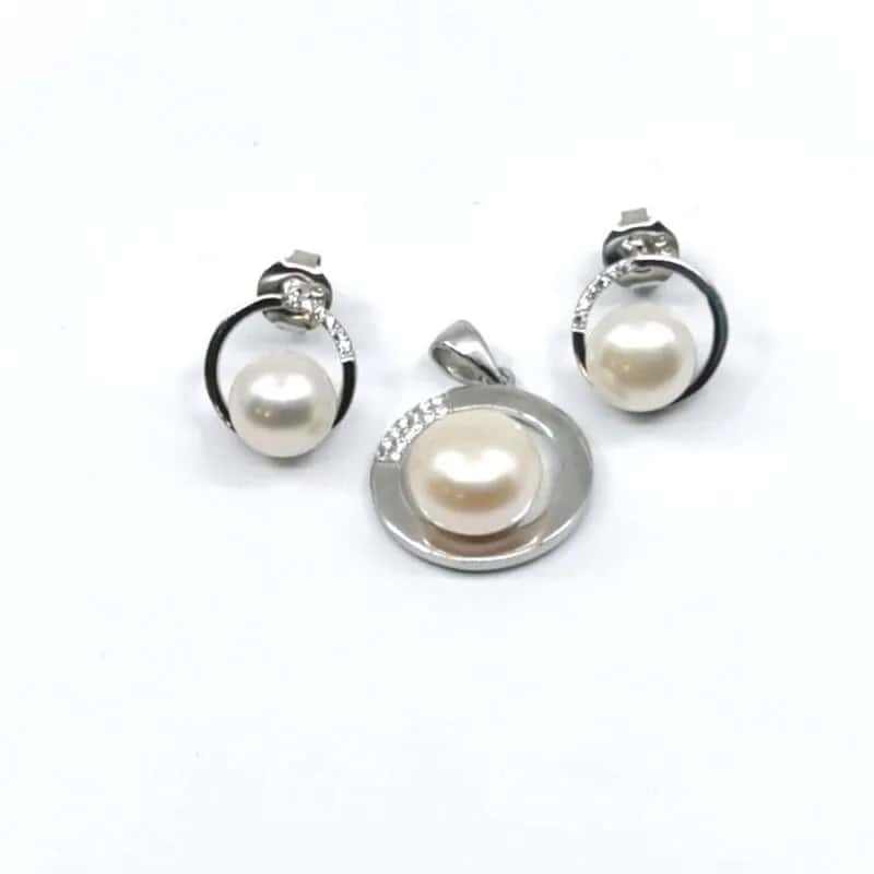 White stone beaded silver stud earrings with pendant