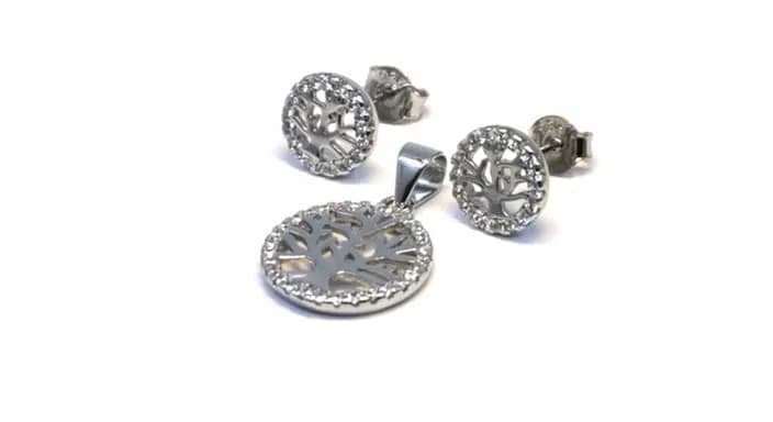 Ohrstecker aus weißem Stein mit silbernem Lebensbaum-Anhänger 1