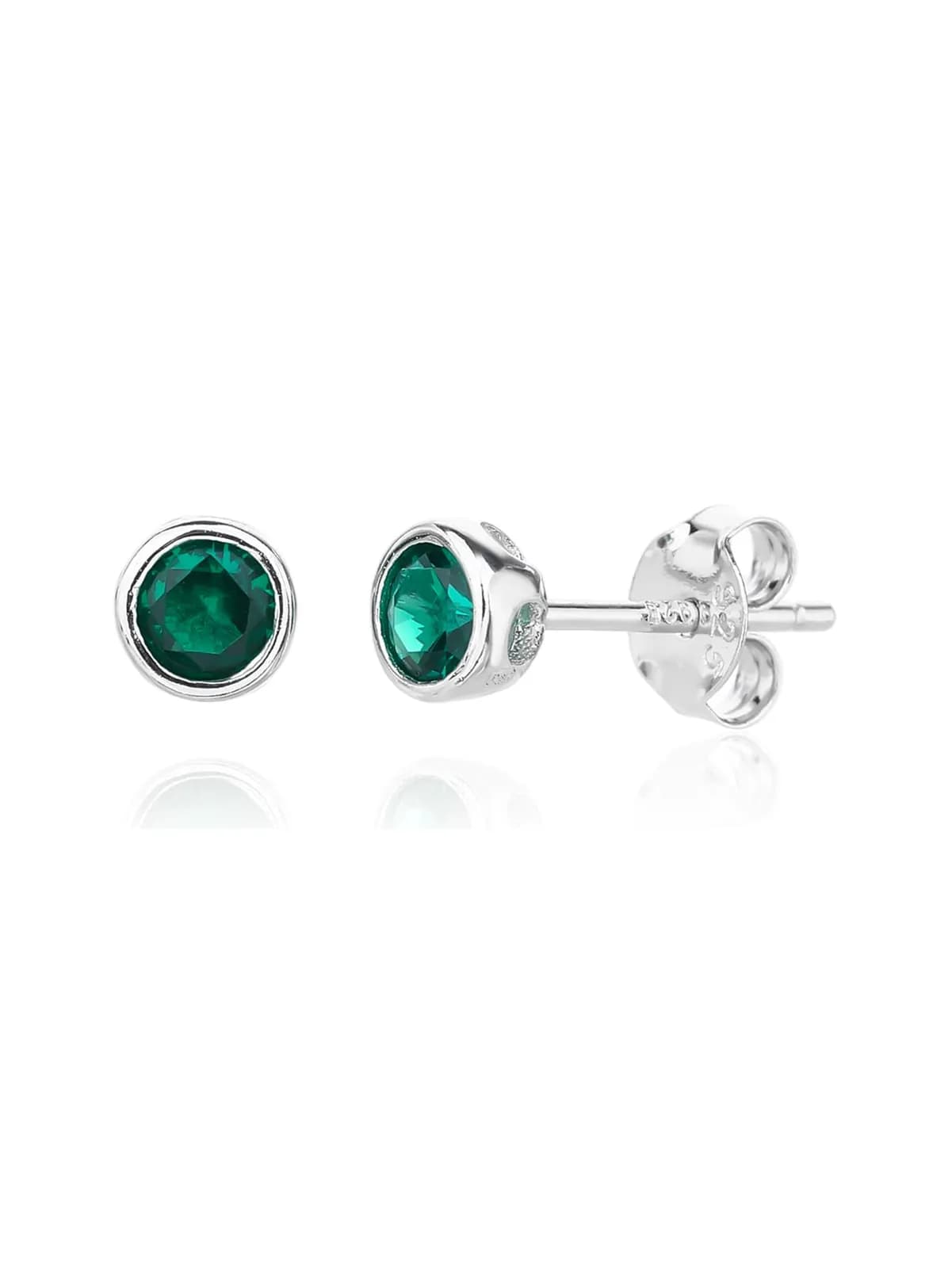 Silver buton set stud earrings with green cubic zirconia stone 1