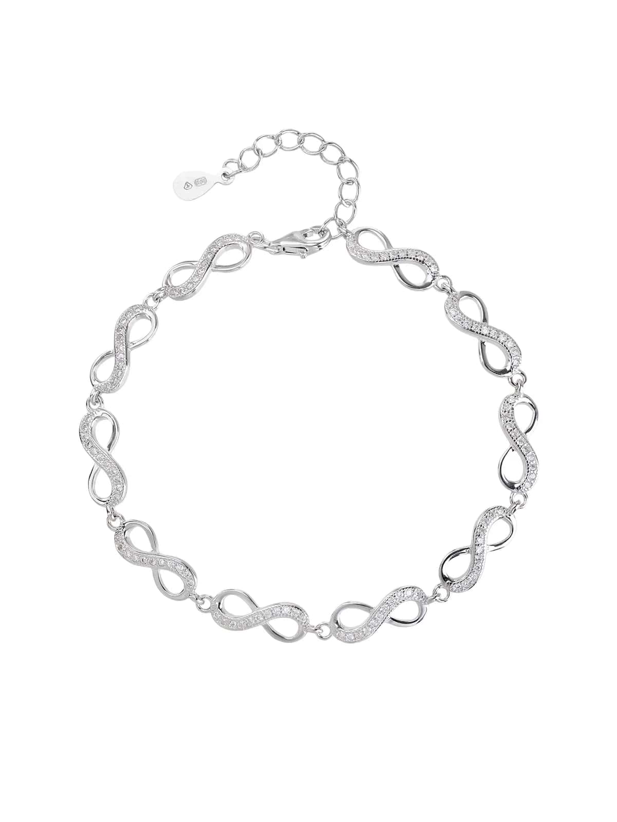 AG 925 silver infinity-pattern bracelet with cubic zirconia stones and a rhodium plating