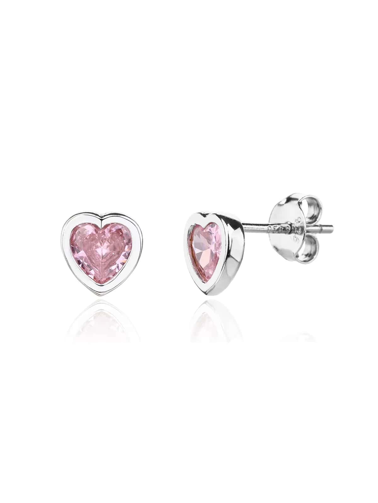 Pendientes de botón de corazón de plata con circonitas rosas, con baño de rodio