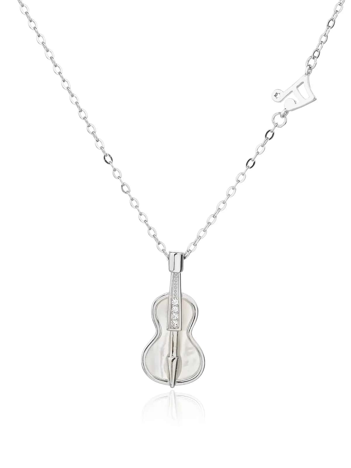 Collar con violín incrustado de nácar y nota musical con circonita blanca, plata de ley 925 con baño de rodio (44+4 cm)