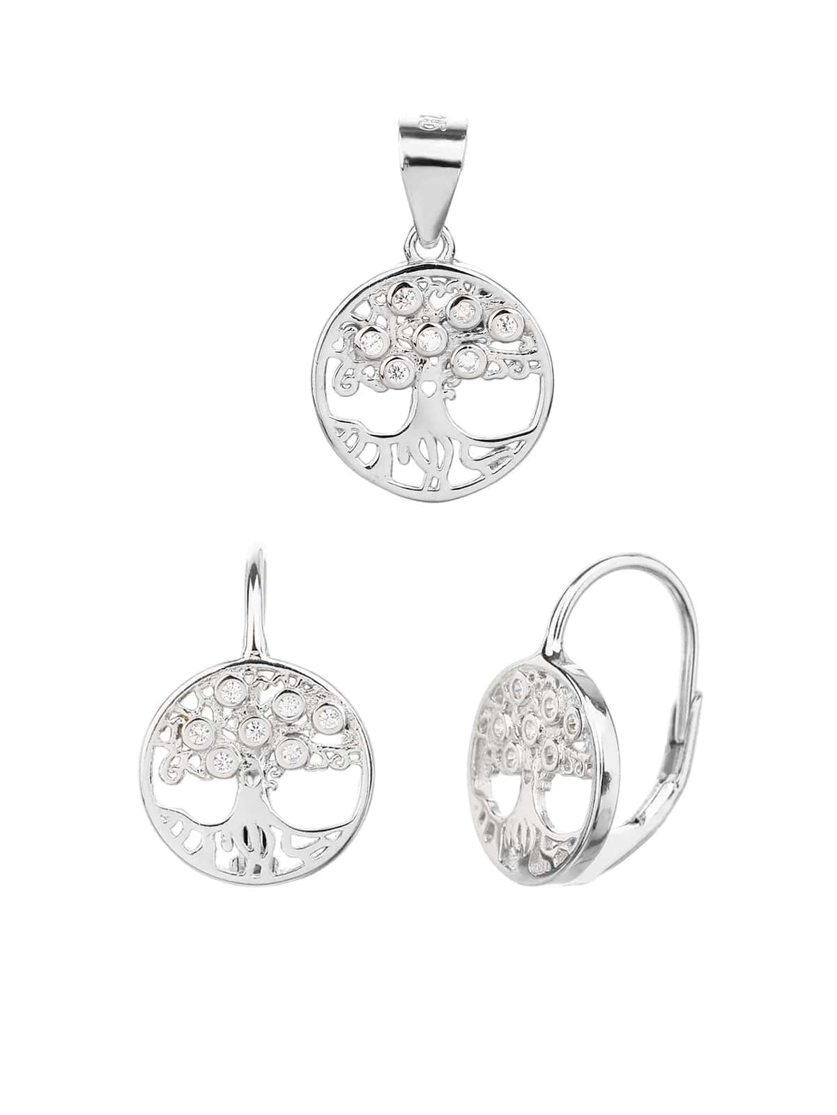Tree of Life Pendant and Snap-Back Earring Set with White Zirconia, Made of Rhodium-Plated 925 Sterling Silver