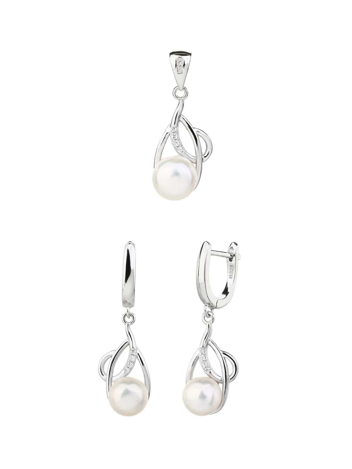 Freshwater cultured pearl jewelry set with French-clasp earrings, AG 925 rhodium-plated silver – without chain
