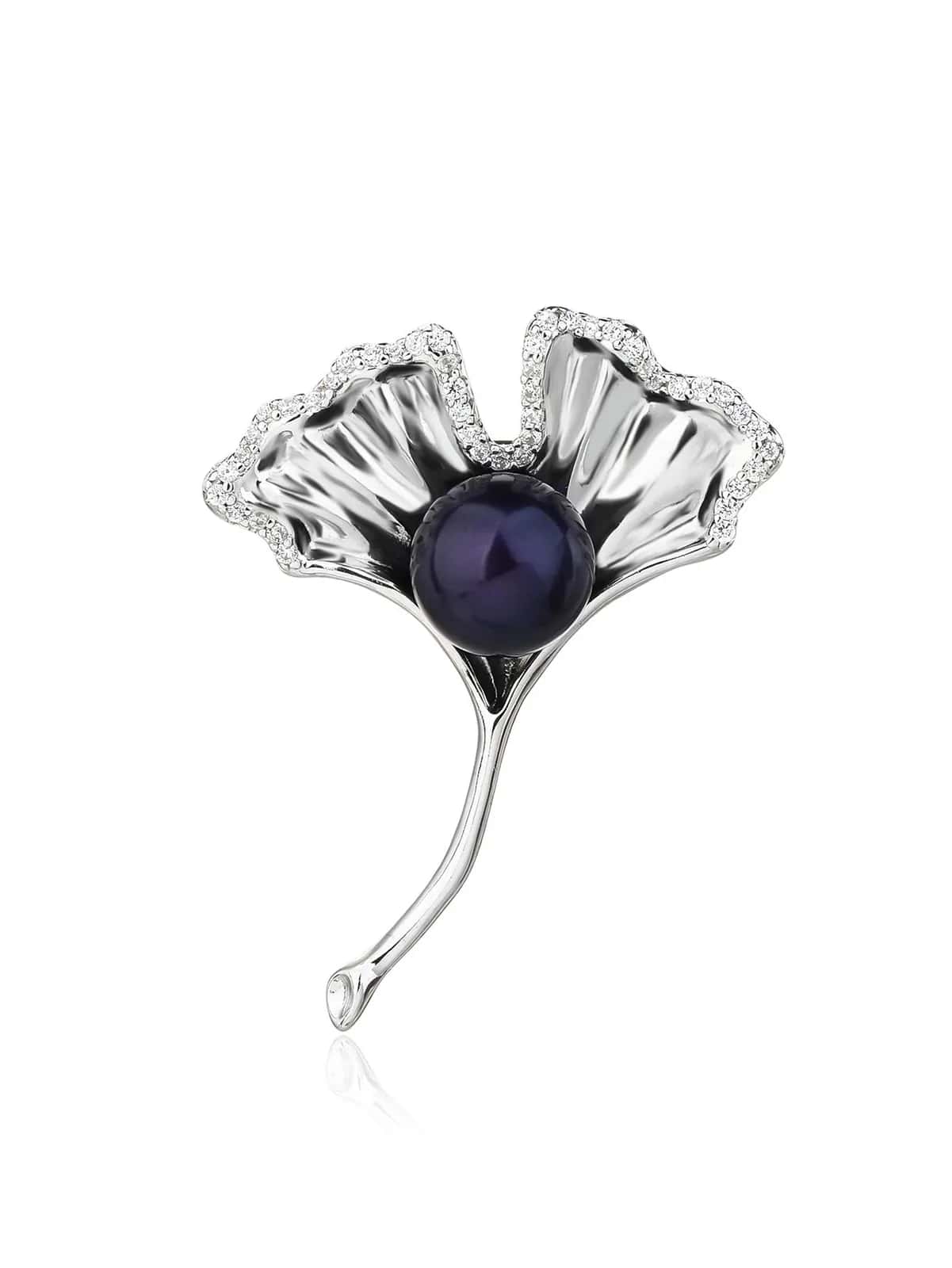 Broche ginkgo biloba con perla negra cultivada de agua dulce y piedras blancas, plata de ley 925 con baño de rodio (3,4 × 2,5 cm)