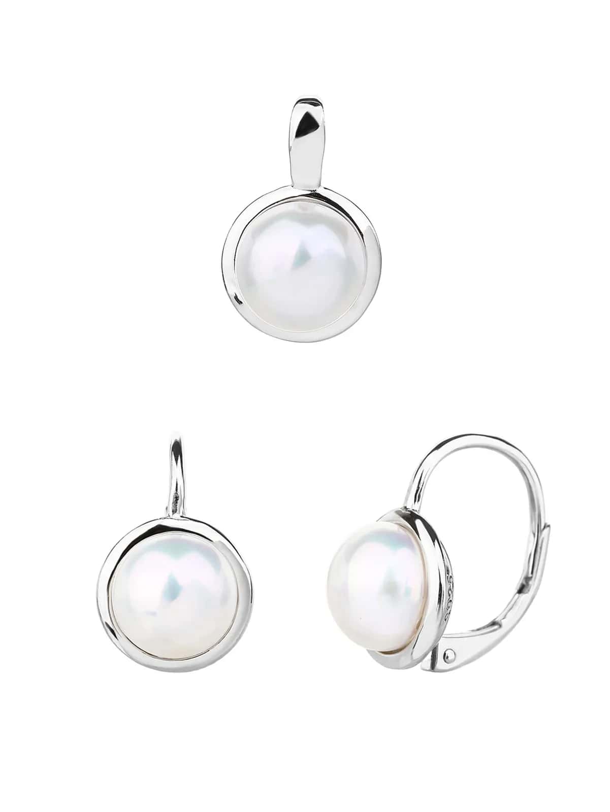 Freshwater pearl jewelry set with button-style pearls, 925 sterling silver with rhodium plating – sold without a chain