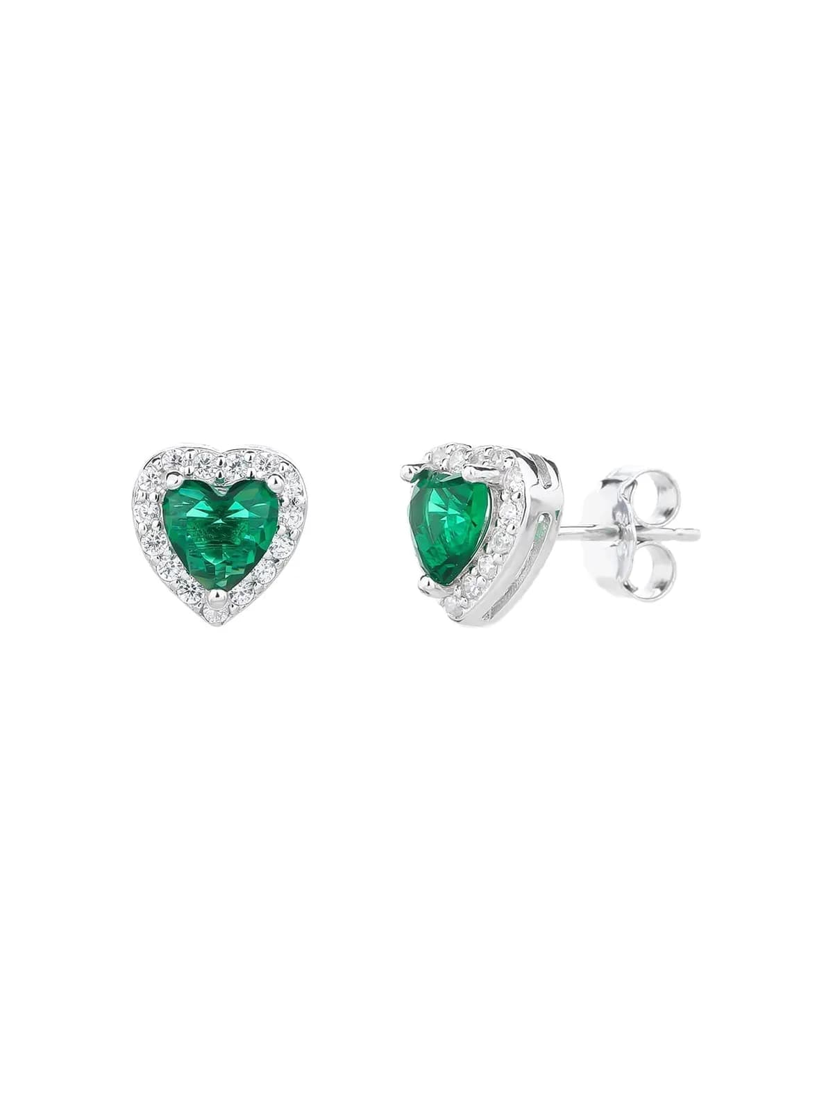 Silver green heart shaped stone stud earrings with white cubic zirconia 1