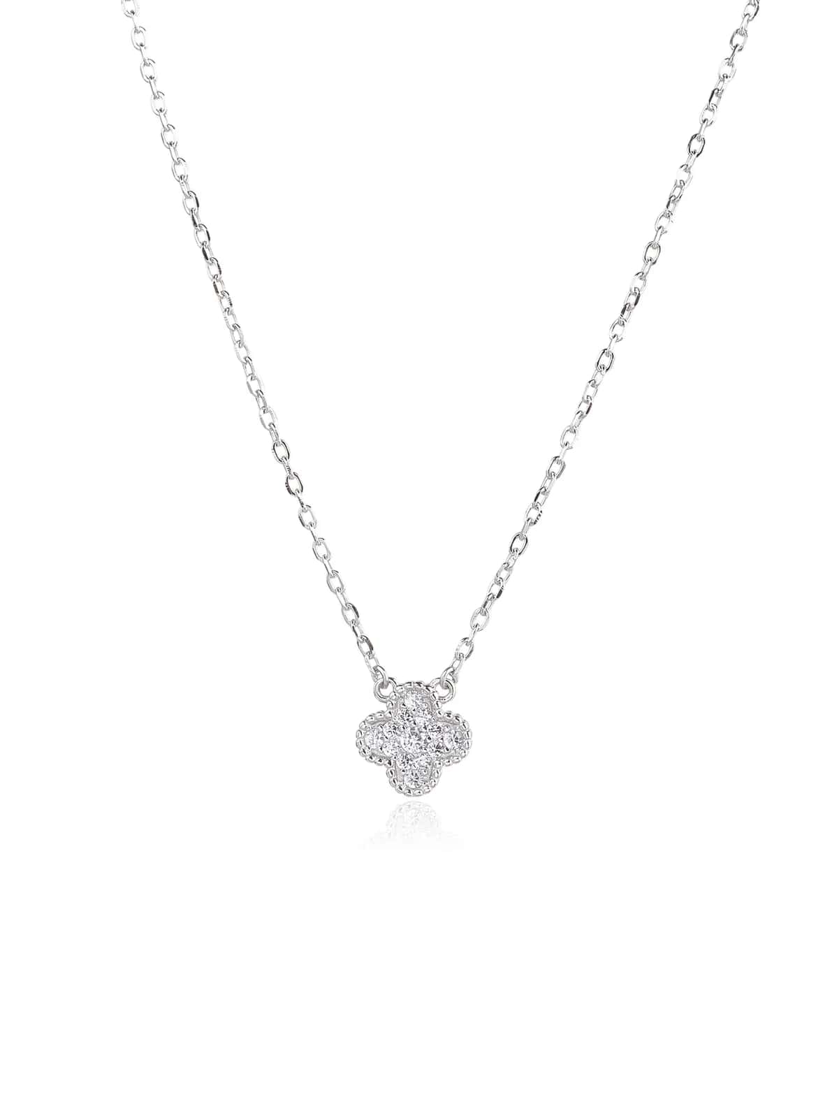 Silver necklace with a four-leaf clover motif set with cubic zirconia, rhodium-plated