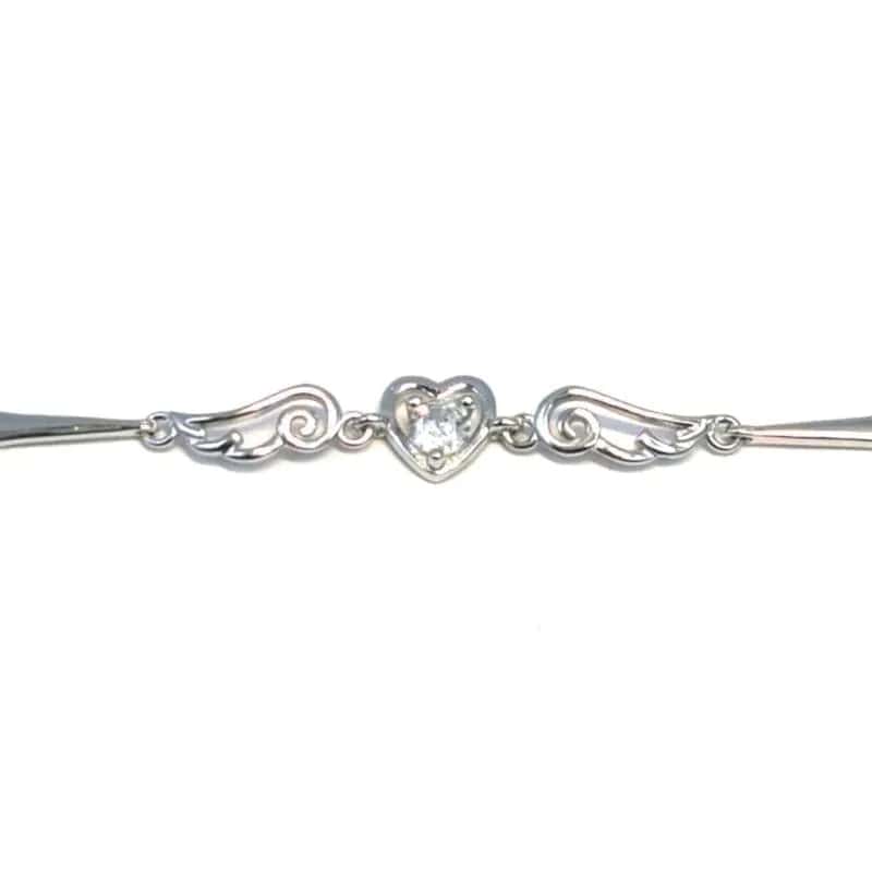 Silver white stone heart bracelet with angel wings