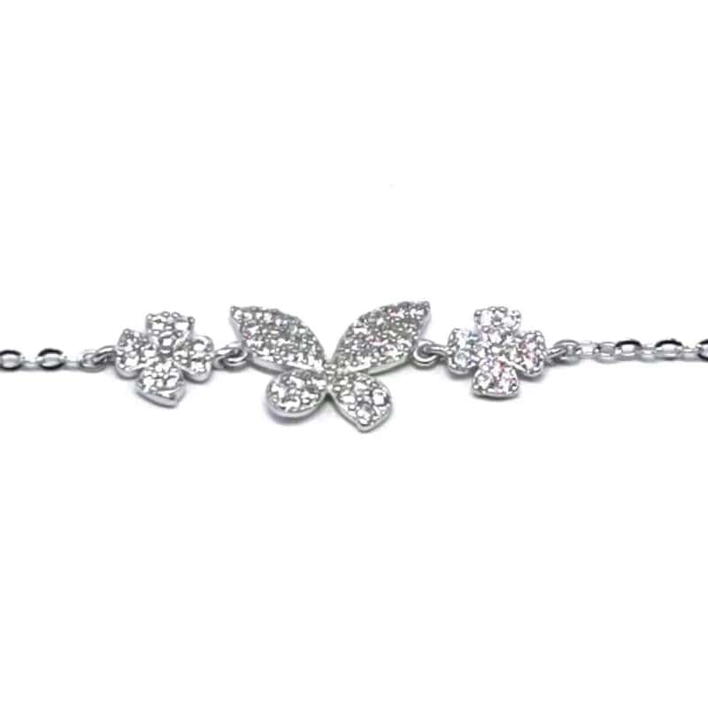 Silver white stone butterfly bracelet with small flower